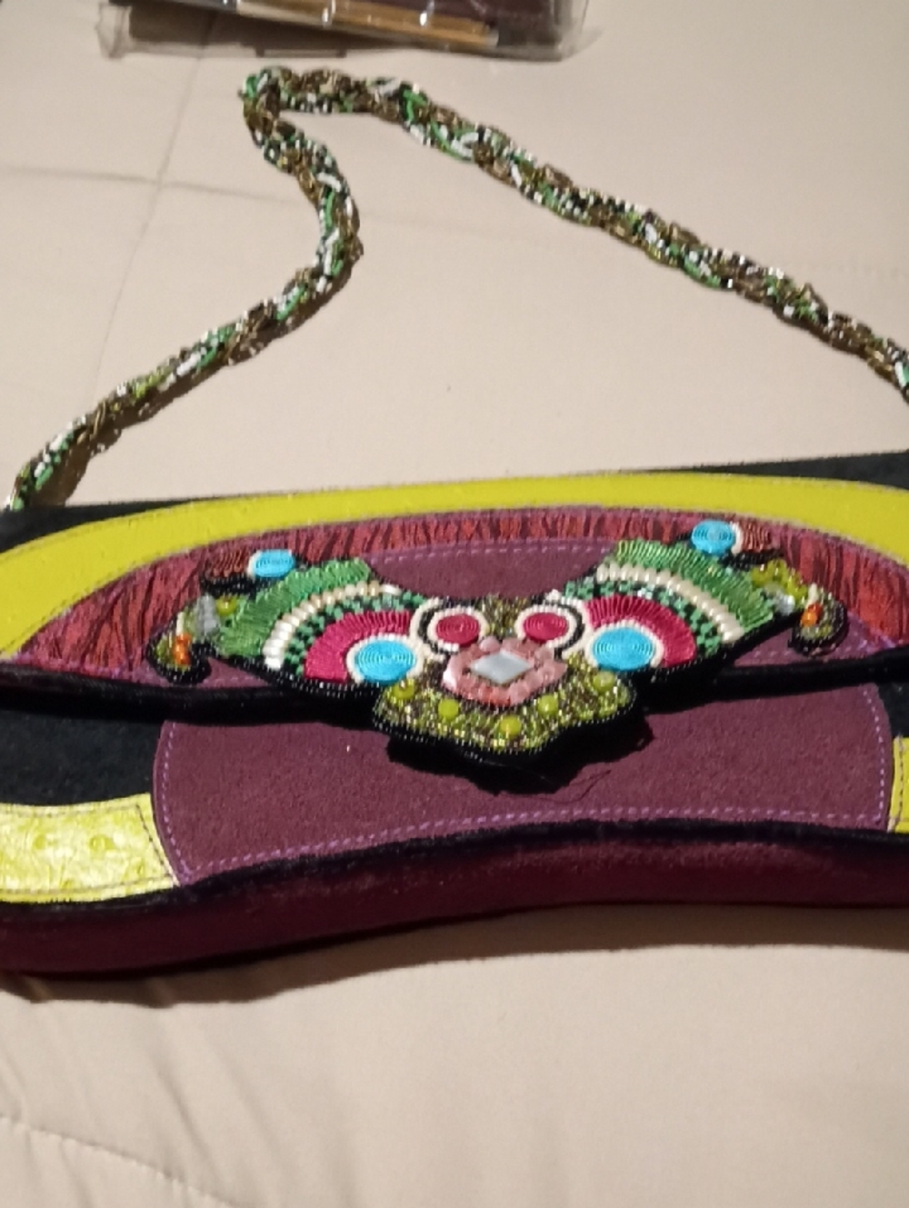 Mary Frances Multicolor Beaded Clutch with Green, Pink & Yellow Accents